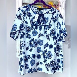 Lane Bryant Blouse Women’s Sz 14 Blue Floral  Cotton Babydoll Round Neck